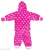 Soft wool winter wear set for baby boys & girls, featuring printed hooded top, bottom, and matching mittens. Indian craftsmanship