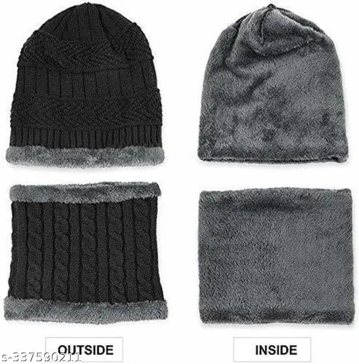 Wool beanie cap & muffler (black, pack of 2) - Premium quality winter accessory for men and women