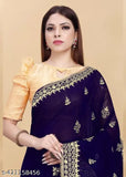 Heavy design round mirror work Georgette saree, embroidered with intricate mirrors on a free size silhouette, accentuated by a separate dupion silk blouse
