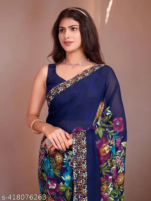 Blue Georgette Bollywood Party Saree with Solid Runner Blouse - Indian fashion, vibrant abstract print, festive celebrations
