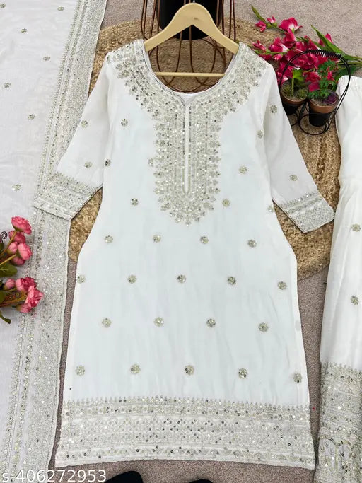 White chinnon kurti replica, silk embroidered set with dupatta and bottomwear, featuring three-quarter sleeves and heavy micro cotton inner. Full stitched and ready to wear. Gharara with full stitched elastic, and lace border dupatta. Made in India (M: 38" top, 40" bottom; L: 40" top, 40m bottom; XL/XXL: 40" top & bottom)