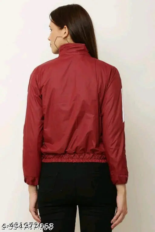 Maroon colorblocked polyester women's jacket, long sleeves, on hanger