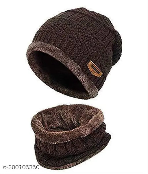 Brown woolen 2-in-1 winter accessory: knit neck scarf & balaclava beanie hat combo, ideal for men's outdoor activities in cold climates (made in India)