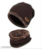 Brown woolen 2-in-1 winter accessory: knit neck scarf & balaclava beanie hat combo, ideal for men's outdoor activities in cold climates (made in India)