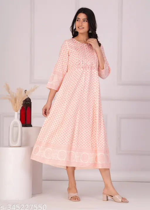 Baby Pink Rayon Anarkali Kurta with Butti Print & Embroidery, three-quarter sleeves, women's fashion, Indian summer outfit