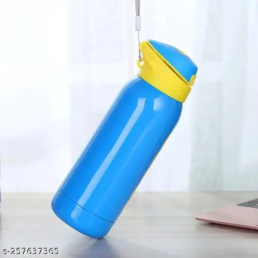Vacuum insulated stainless steel water bottle for kids, vibrant multi-color design with pop-up silicone straw and leak-proof lid, suitable for hot or cold drinks up to 12 hours