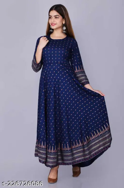 Blue Rayon embroidered kurti with three-quarter sleeves and printed combo, perfect for Indian summer fashion