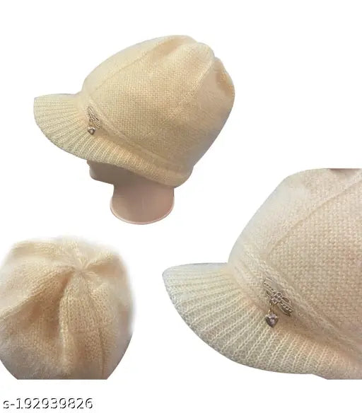 Cream woolen winter hat for girls and women (assorted colors), printed pattern, India origin