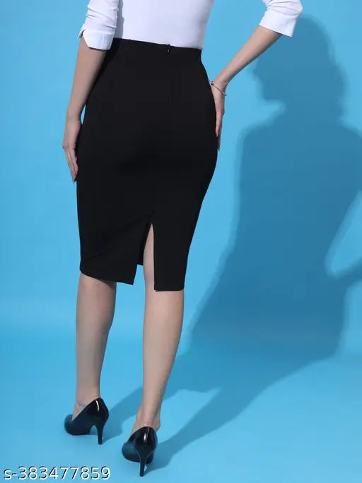 Black cotton blend stretchable knee-length pencil skirt, self-design net pattern, available in sizes 26, 28, 30, 32, 34 (waist 26in/28in/30in/32in/34in, length 27in, hip 32in/34in/36in/38in/40in), made in India