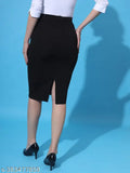 Black cotton blend stretchable knee-length pencil skirt, self-design net pattern, available in sizes 26, 28, 30, 32, 34 (waist 26in/28in/30in/32in/34in, length 27in, hip 32in/34in/36in/38in/40in), made in India