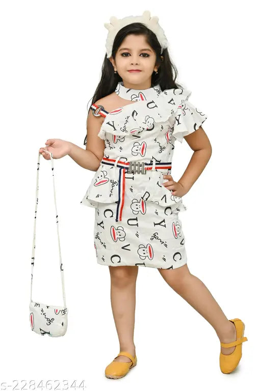Stylish rayon frock with printed net pattern, short sleeves and sling bag for girls aged 2-6 years old, India origin