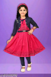Pink rayon girl's festive wedding dress with 3/4 sleeve, printed net pattern on calf-length pant set. Traditional yet modern, perfect for celebrations or casual outings by 'HIPPOSIPPO