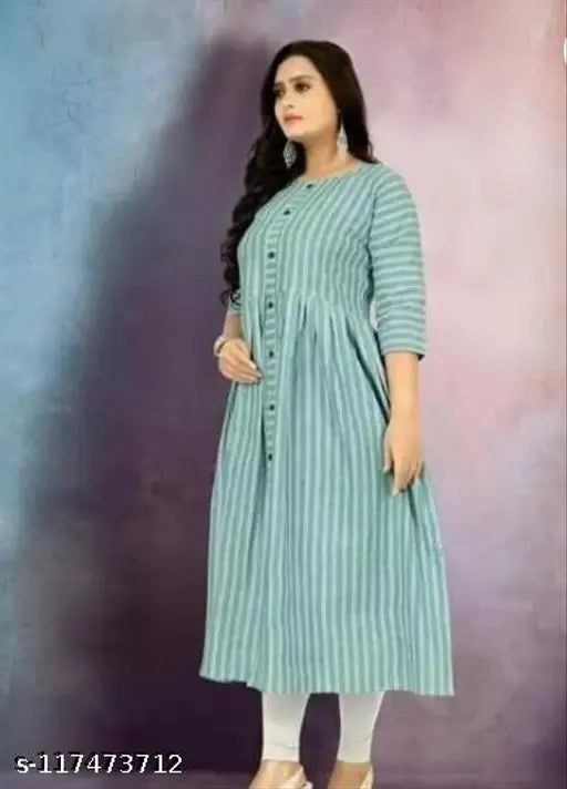 Striped cotton blend kurtis under 299, three-quarter sleeves, stylish Indian fashion for women