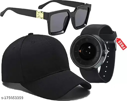 Stylish black cotton baseball cap, adjustable design with Arrow Style watch & polarized Badshah sunglasses combo - Diwali gift offer