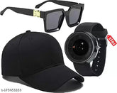 Black cotton baseball cap, adjustable design with Arrow Style watch & sunglasses combo - Diwali gift offer for men