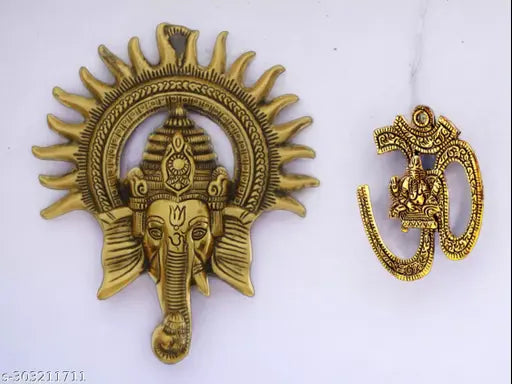 Golden embossed aluminum Ganesha Surya Chakra wall decor, 4cmx18.5cmx22.5cm, Indian Vastu remedy showpiece for home, office, or entrance gate