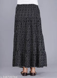 Black printed rayon long skirt for women, featuring a vibrant pattern and various sizes available (34-Free size)