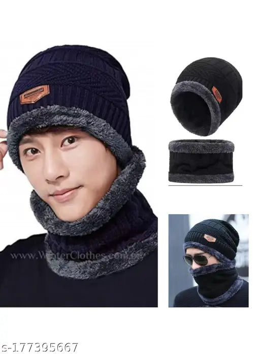 Winter Woolen Cap With Neck Warmer Combo Black - Ultra soft unisex woolen beanie hat with muffler scarf pair, perfect for Autumn-Winter season