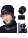 Winter Woolen Cap With Neck Warmer Combo Black - Ultra soft unisex woolen beanie hat with muffler scarf pair, perfect for Autumn-Winter season