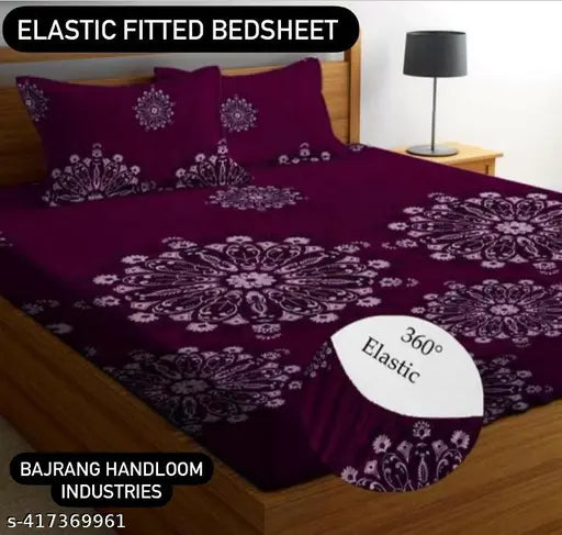 Cotton blend floral double bedsheet set, fitted with elastic and matching pillow covers - Bajrang Handloom Industries