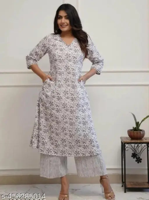 Trendy grey floral printed rayon kurta & pants set for women, A-line fit, three-quarter sleeves - comfortable everyday wear, Indian ethnic fashion