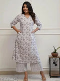 Trendy grey floral printed rayon kurta & pants set for women, A-line fit, three-quarter sleeves - comfortable everyday wear, Indian ethnic fashion