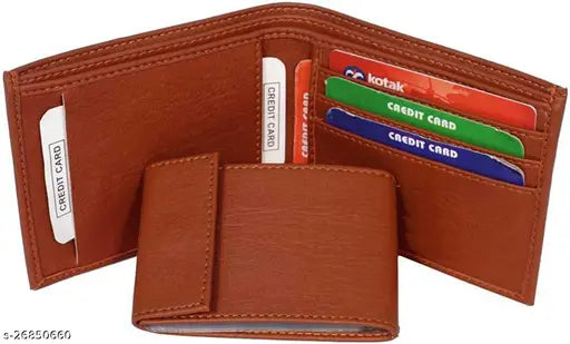 Trendy men's brown PU wallet, solid pattern, 2 compartments (8 card slots), free size (L:9cm, W:11cm), India-made daily essential wallet