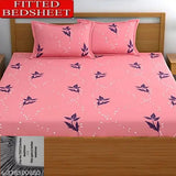 Fitted elastic cotton double bedsheets with 2 pillow covers, glace material, floral print, lightweight, breathable & wrinkle-free. Ideal for summer use on mattresses height 4-8 inches, easy to tuck-in and machine wash