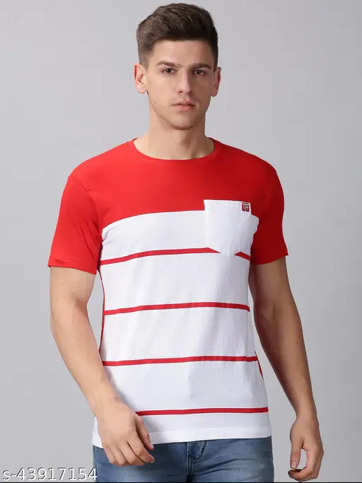 Men's premium quality round neck T-shirt, stripes pattern with fancy pocket design, pure cotton from TFF (The Fashion Factory), size M, L, XL, XXL. Very comfortable and smart, perfect for casual or formal wear. Summer trending T-shirt in India