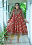 Red cotton three-quarter sleeve floral round kurti & kurtas by Yash Gallery, India