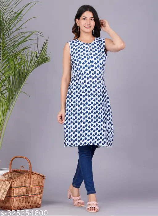 Rayon printed straight kurta for women, stylish and sleeveless, XS (34in), India