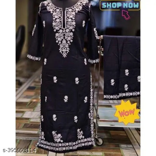 Chikankari embroidered rayon kurta set with plazoo bottomwear - Indian traditional embellished three-quarter sleeves outfit
