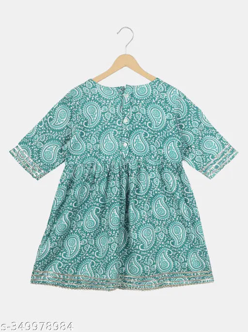 Teal paisley printed rayon Kurta and Sharara Set - A-line top with V neckline, half sleeves, and heavy printed Sharara for festive and wedding wear. Indian ethnic fashion, sizes 3-4 to 9-10 years