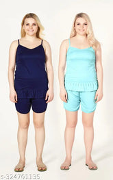 Soft silk women's cami night suit set, sleeveless with adjustable straps, solid color nightwear from India