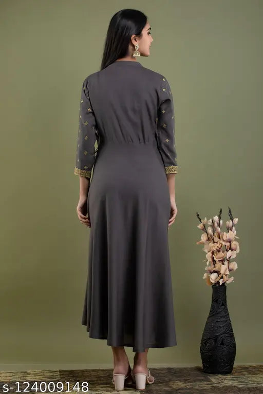 Grey rayon embroidered Anarkali kurti by SMA Embroidery, three-quarter sleeve, embellished women's fashion piece for occasions, India origin