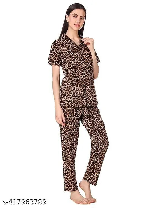 Tiger print crepe pajama night suit set, Inaya fashion hub women's India-made, short sleeves, pocket included