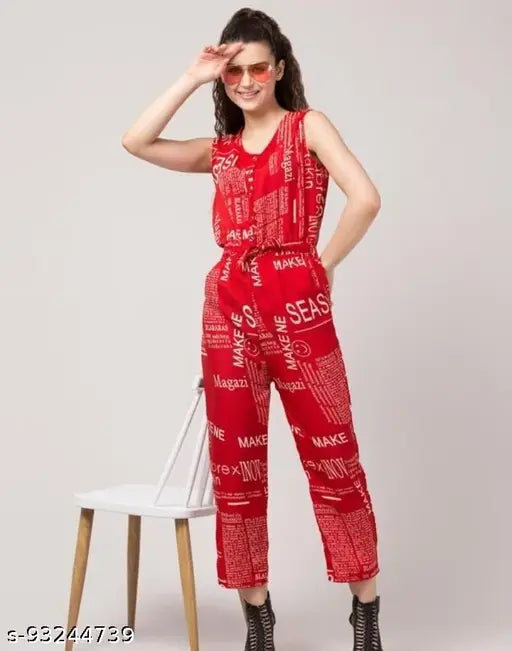 Red crepe jumpsuit, printed net pattern, Western wear for women, India origin