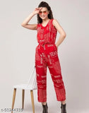 Red crepe jumpsuit, printed net pattern, Western wear for women, India origin