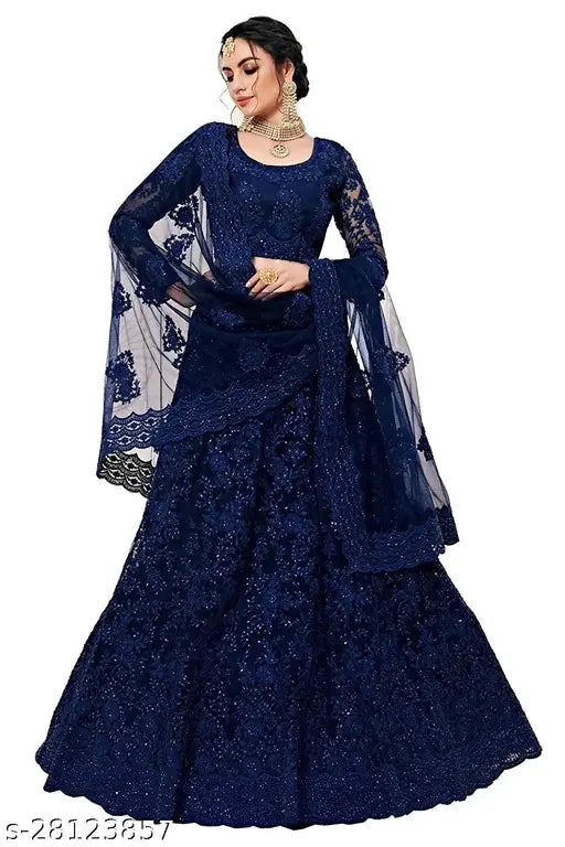 Bluepari embroidered net Lehenga, Choli, and Dupatta set featuring heavy cording and stonework, semi-stitched for Indian traditional wear