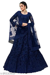 Bluepari embroidered net Lehenga, Choli, and Dupatta set featuring heavy cording and stonework, semi-stitched for Indian traditional wear