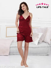 Maroon satin babydoll cami top & shorts set, ideal for lounge wear, sexy gift for any occasion