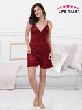 Maroon satin babydoll cami top & shorts set, ideal for lounge wear, sexy gift for any occasion