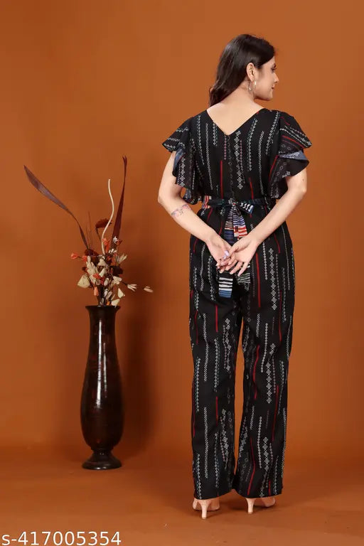 Women's digital printed rayon jumpsuit with three-quarter sleeves, available in sizes M, L, XL (Bust 36/38/40, Length 52/52/54, Waist 32/34/36, Hip 38/40/42). Indian-origin rayon foil print jumpsuit