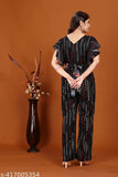 Women's digital printed rayon jumpsuit with three-quarter sleeves, available in sizes M, L, XL (Bust 36/38/40, Length 52/52/54, Waist 32/34/36, Hip 38/40/42). Indian-origin rayon foil print jumpsuit