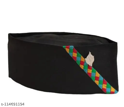 Maroon and black cotton Pahadi Modi flat cap set, traditional Indian headwear