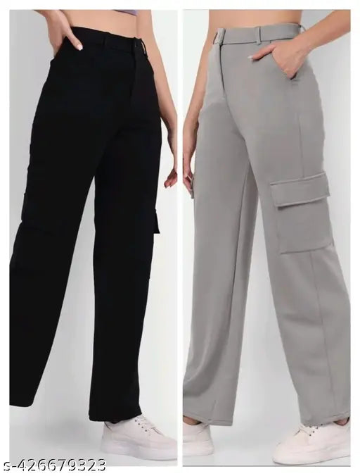Solid formal Korean cotton lycra stretchable high-waisted bell bottom trousers for women and girls