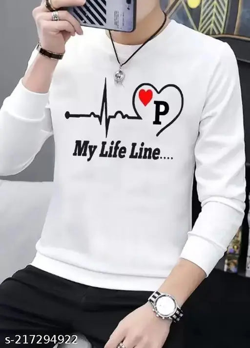 Blue polyester long-sleeve men's t-shirt with printed design, size S (chest 38 in, length 24 in), made in India