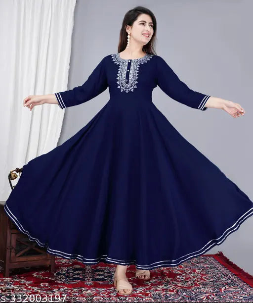 Rayon Anarkali Kurti, trending solid-colored Indian women's fashion with three-quarter sleeves and embroidered neck design, S-XXXXL sizes available