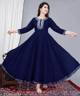 Rayon Anarkali Kurti, trending solid-colored Indian women's fashion with three-quarter sleeves and embroidered neck design, S-XXXXL sizes available