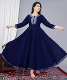 Rayon Anarkali Kurti, trending solid-colored Indian women's fashion with three-quarter sleeves and embroidered neck design, S-XXXXL sizes available